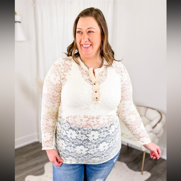 NEW Bibi Oatmeal Floral Long Sleeve Lace Top size small - Picture 3 of 8